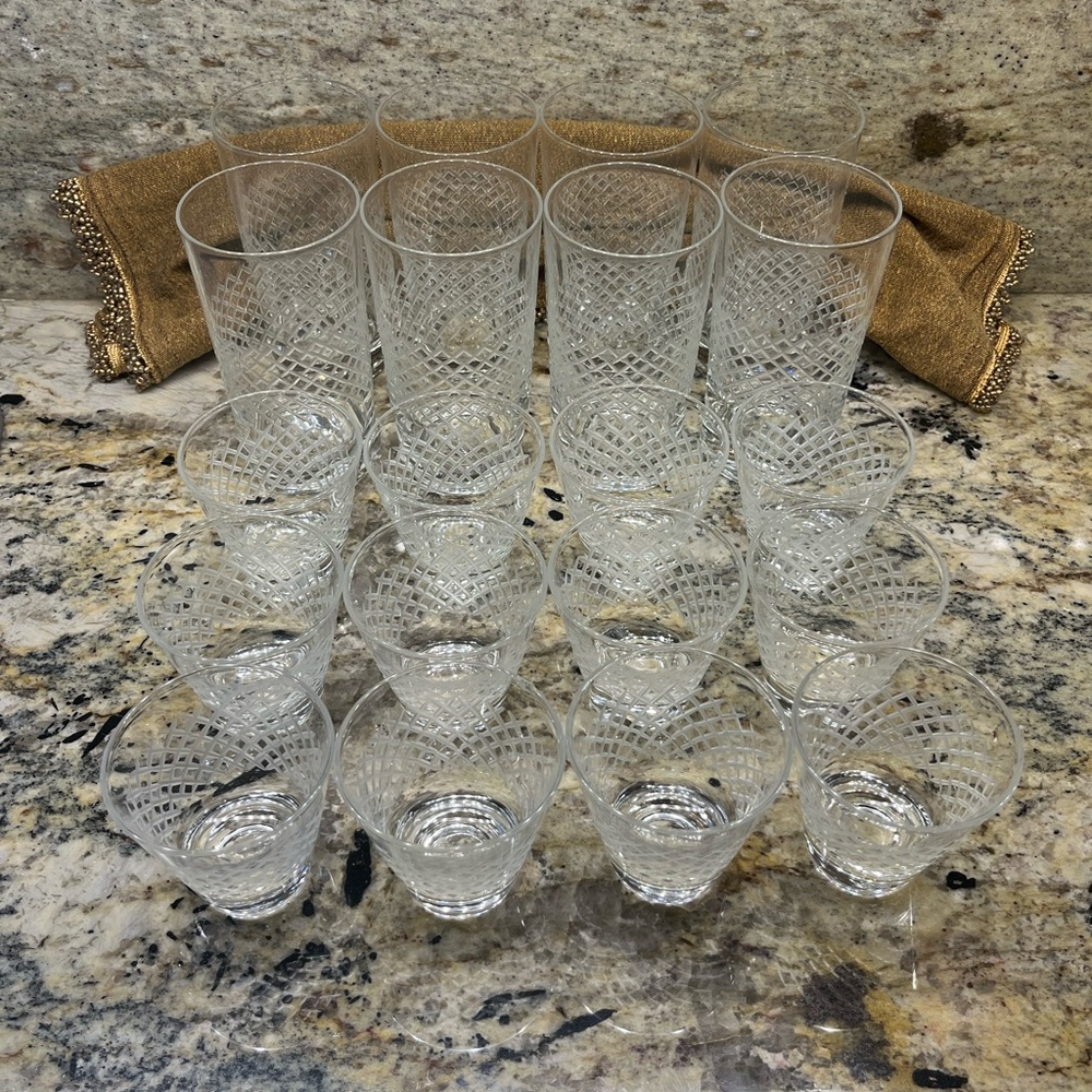 Vintage! Unmarked Etched Glasses - 8 Highball & 12 Cordial/Aperitif Glasses
